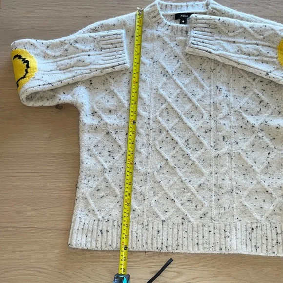 Bloomingdale’s Aqua Speckled Cream Sweater with Yellow Smiley Patches - Picture 7 of 8